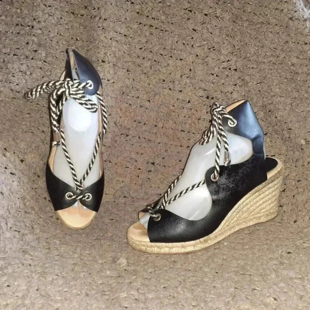 ROMENA-Black Leather-Gladiator Espadrilles-Striped Lace-Size 39-Excellent